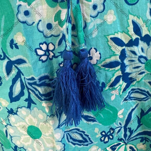 Talbots Blue & White Floral Short Sleeve Tassel Tie Neck Small Blouse - Picture 3 of 5